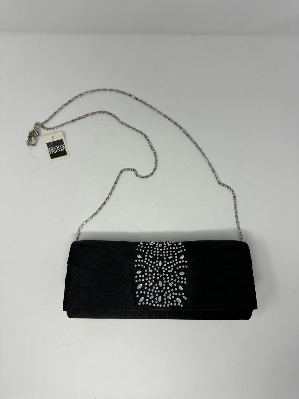 Vintage NWT Bijoux Terner Black Pleated Satin Cocktail Embellished Evening Purse